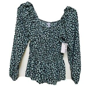 NINE WEST Fashion Top Size S Long Sleeves Square Neck Peplum Blouse Black hgd